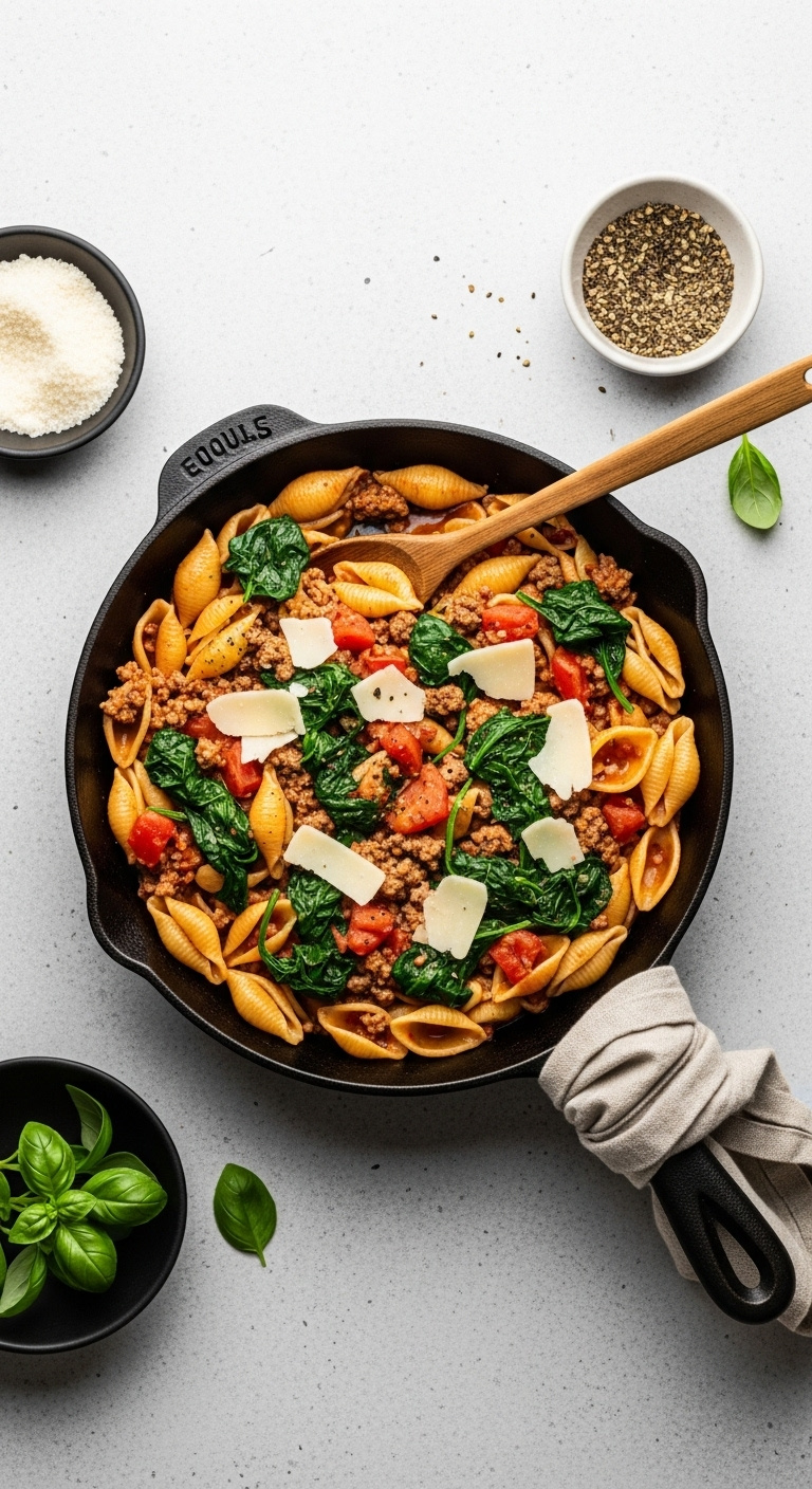 Ground Beef And Spinach Skillet Pasta With Shells And Diced Tomato Topped With Shaved Parmesan On A Concrete Countertop