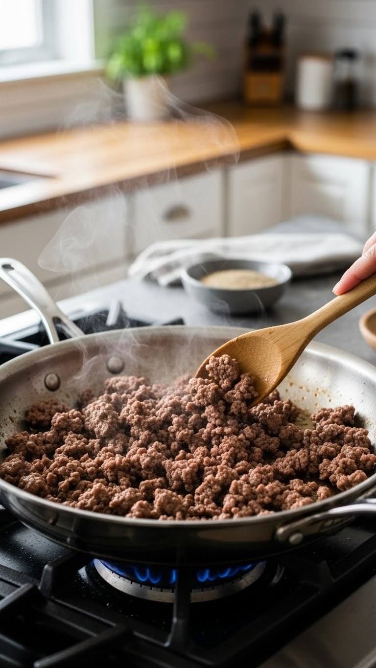 Ground Beef Browning In A Stainless Steel Skillet With Caramelized Crust And Steam Rising