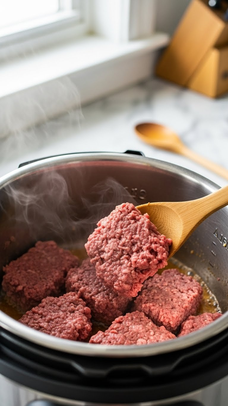Ground Beef Browning With Caramelized Crust In Stainless Steel Instant Pot Insert On Marble Countertop With Wooden Spoon Nearby