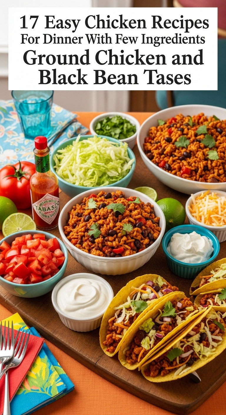 Ground Chicken And Black Bean Taco Bar Setup With Bowls Of Filling Shredded Lettuce Diced Tomatoes Cheese And Sour Cream