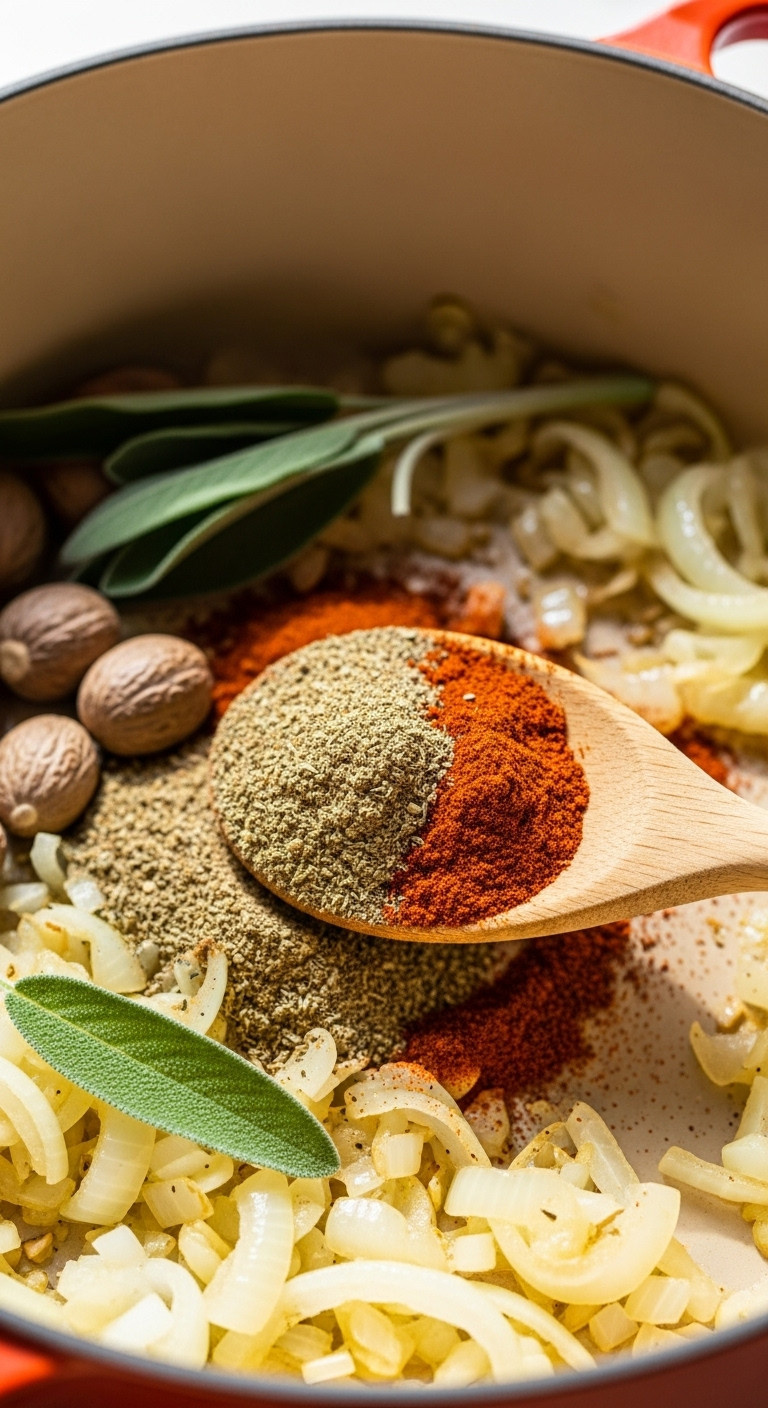 Ground Nutmeg, Sage, Smoked Paprika Spices Stirred Into Sautéed Onions With Wooden Spoon. Vibrant, Aromatic Cooking Step In A Dutch Oven.