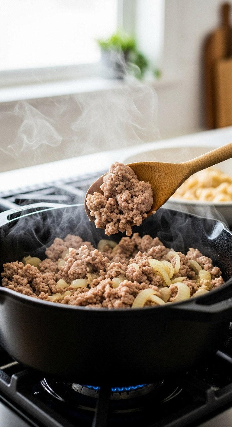 Ground Turkey Browning With Sautéed Onions In A Cast Iron Dutch Oven, Wooden Spoon. Rich Caramelized Texture For A Savory Recipe.