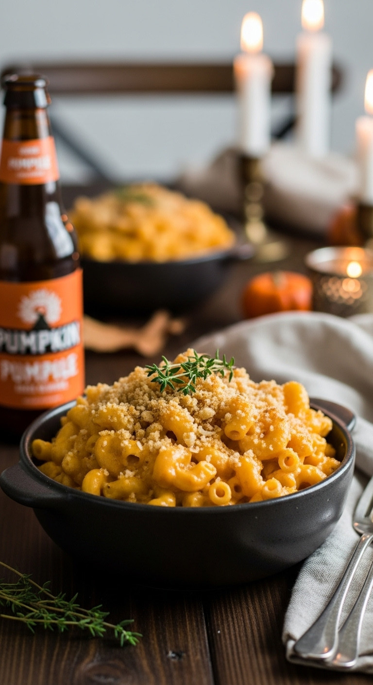 Grown Up Pumpkin Ale Mac And Cheese With Breadcrumb Topping And Thyme In A Dark Stoneware Bowl