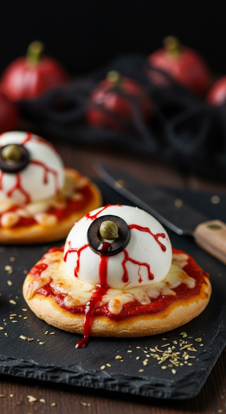 Gruesome Halloween Bloodshot Eyeball Pizza With Mozzarella, Black Olive Pupil, Green Caper Iris, Red Sauce Veins On Slate, Spooky Decor.