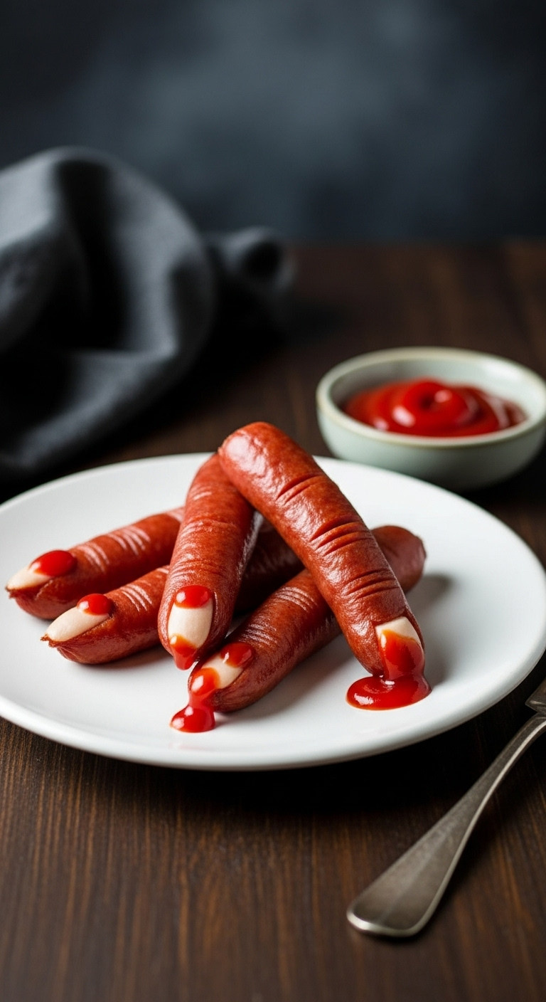 Gruesome Severed Finger Smokies On A White Plate With Ketchup Blood And Carved Details On A Dark Wood Surface With A Fork