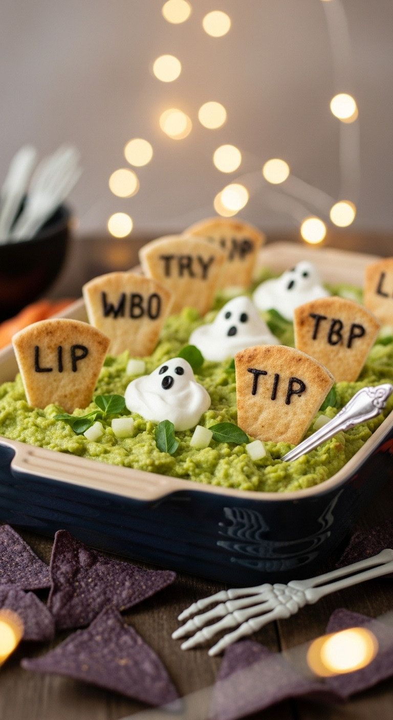 Guacamole Graveyard Dip With Pita Tombstones And A Sour Cream Ghost In A Dark Ceramic Dish