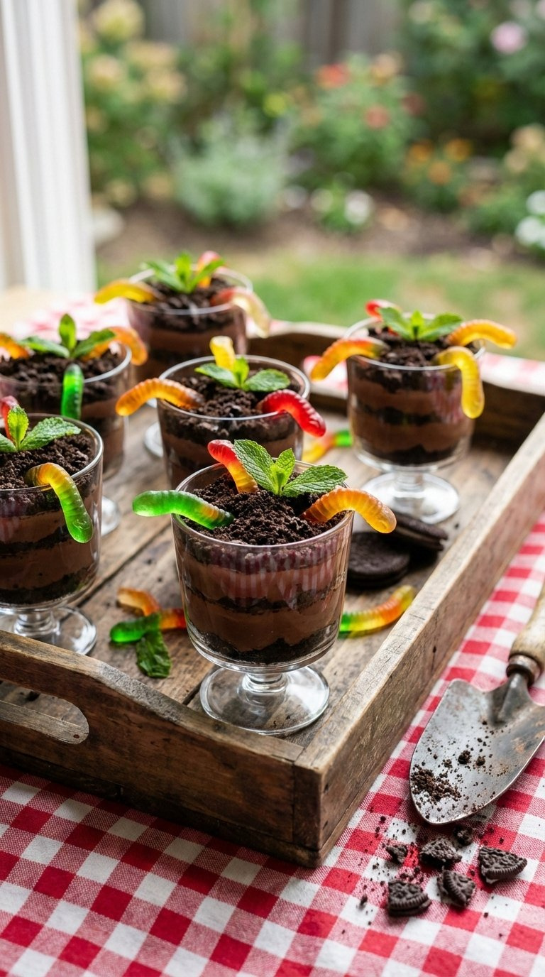 Gummy Worm Dirt Cake Cups With Chocolate Pudding And Oreo Crumbs On Rustic Wooden Tray.