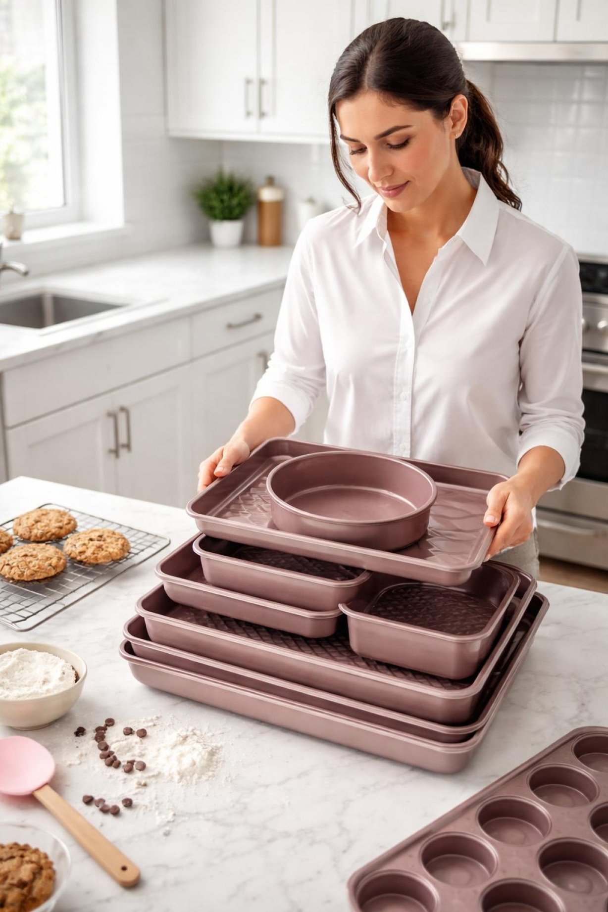 A Pink Hongbake Baking Pan Set Displayed On A Kitchen Counter.
