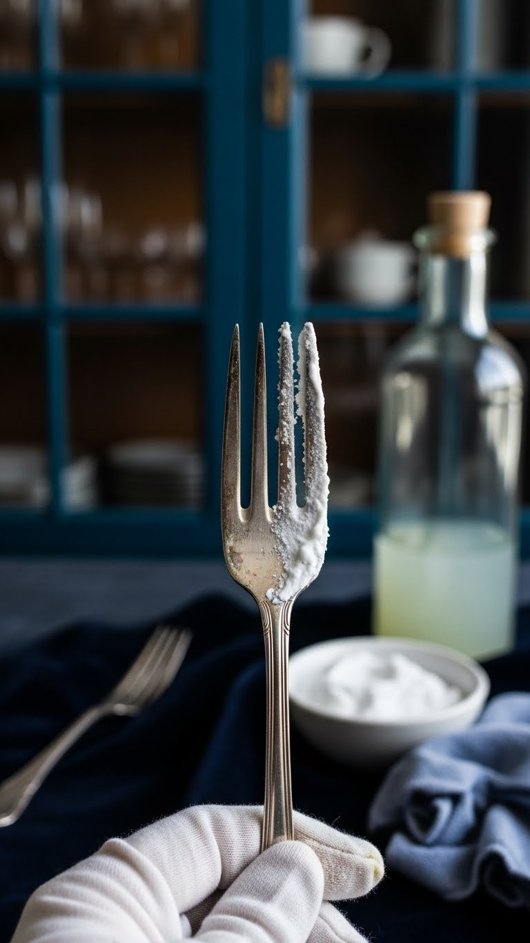 Half-Polished Silver Fork Showing Baking Soda And Vinegar Restoration Contrast Between Tarnish And Reflective Shine