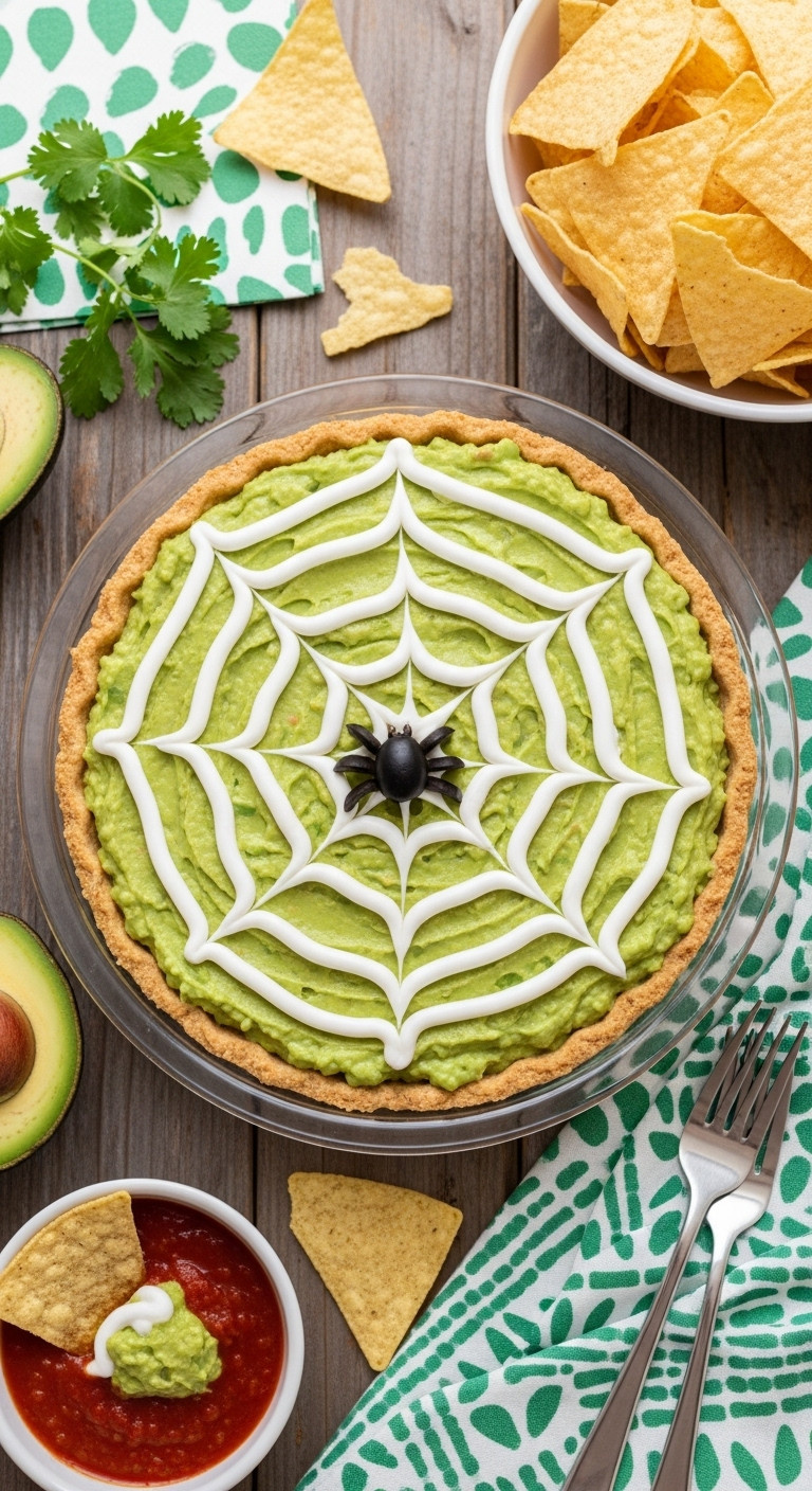 Halloween 7-Layer Spiderweb Dip With Guacamole, Sour Cream Web, Black Olive Spider, Tortilla Chips On A Rustic Table.