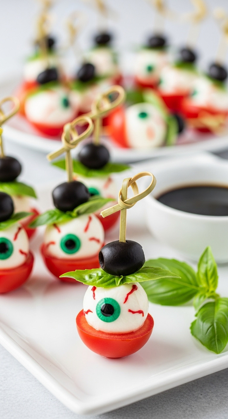 Halloween Caprese Skewer With Mozzarella Eyeball (Basil/Olive), Balsamic Glaze, Fresh Basil On A White Platter.