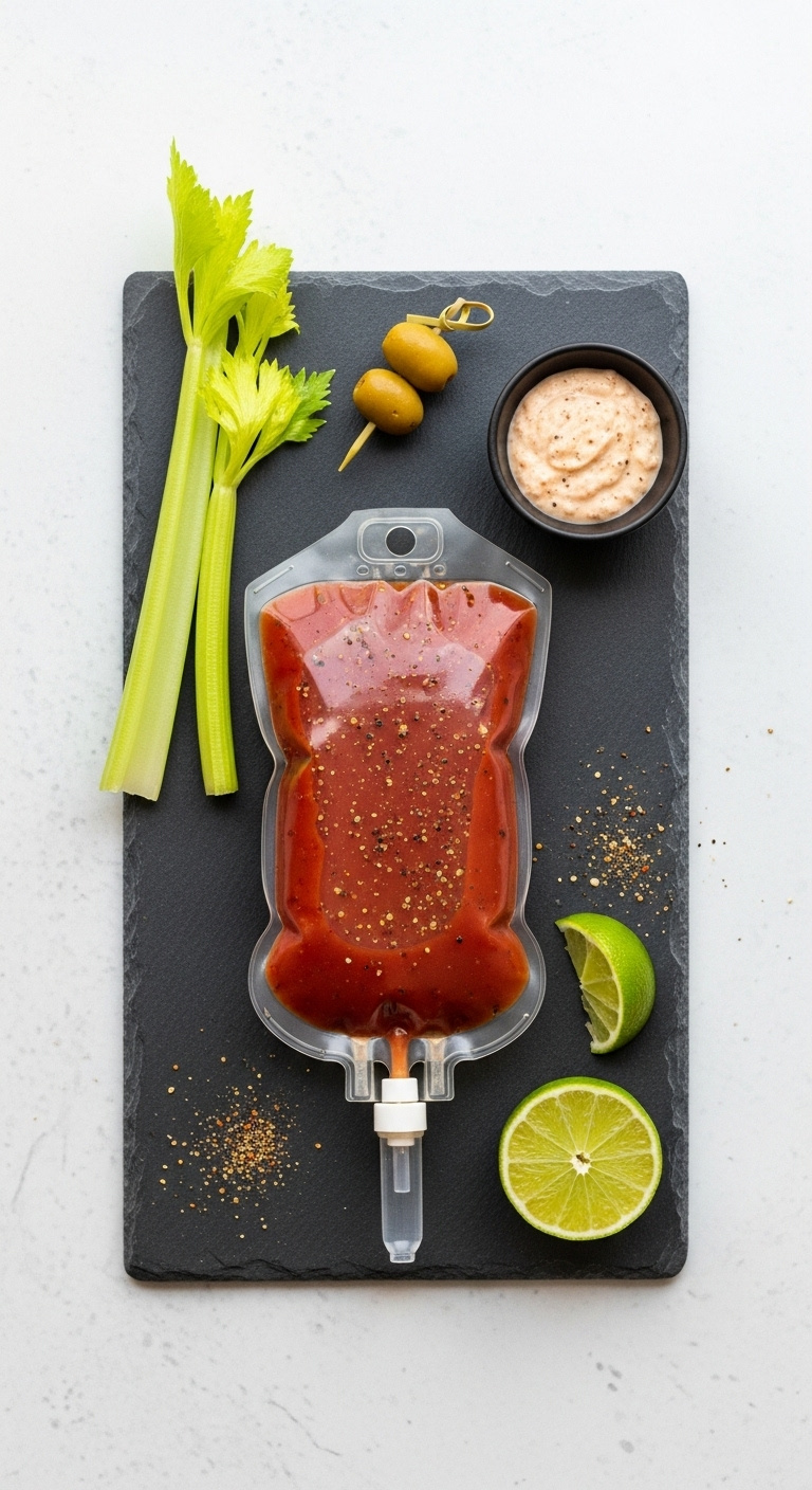 Halloween Iv Blood Bag Bloody Mary Drink With Celery Olives Horseradish And Lime On A Slate Board Perfect For Brunch Recipes