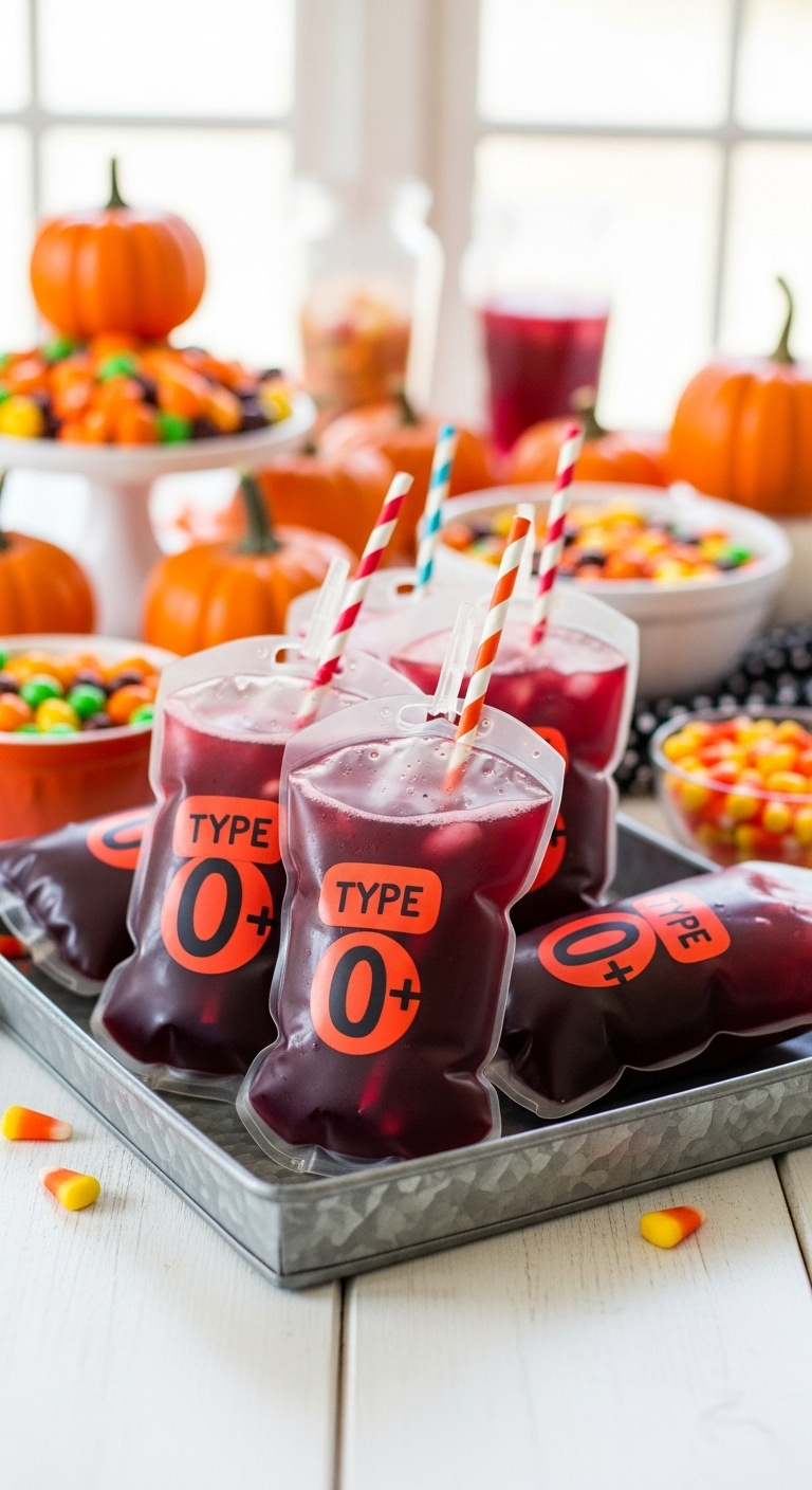 Halloween Iv Blood Bag Drinks With Cran-Grape Punch On A Metal Tray With Candy And Pumpkins Perfect For Family Friendly Recipes