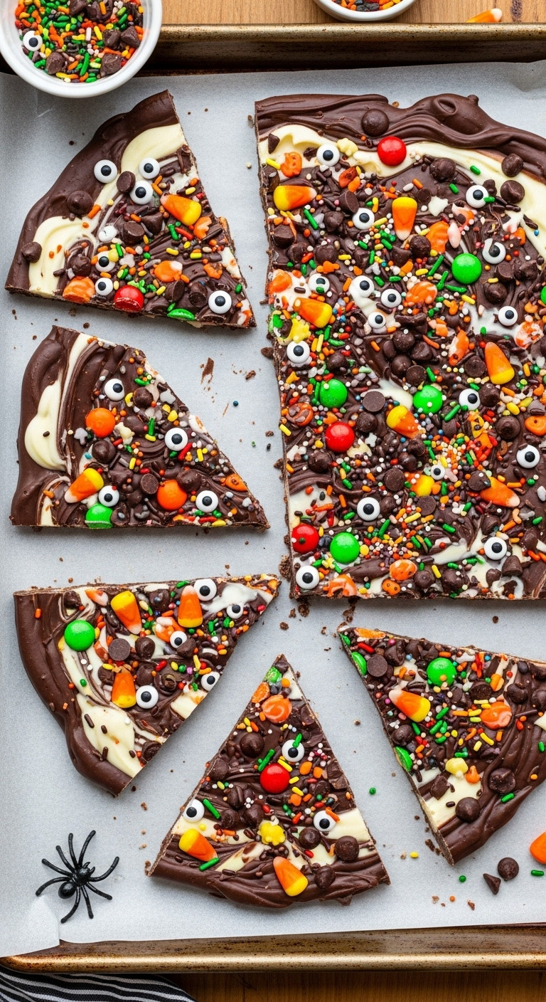 Halloween Monster Bark: Swirled Chocolate With Mini Chips, M&Amp;M's, Candy Corn, Sprinkles, Googly Eyes. Vibrant, Festive Spooky Treat.