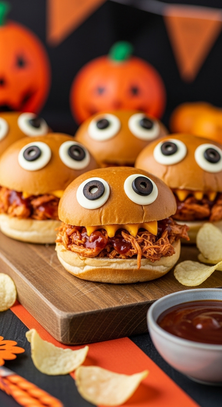 Halloween Monster Chicken Sliders With Googly Eyes And Bbq Chicken On A Rustic Wooden Board At A Party