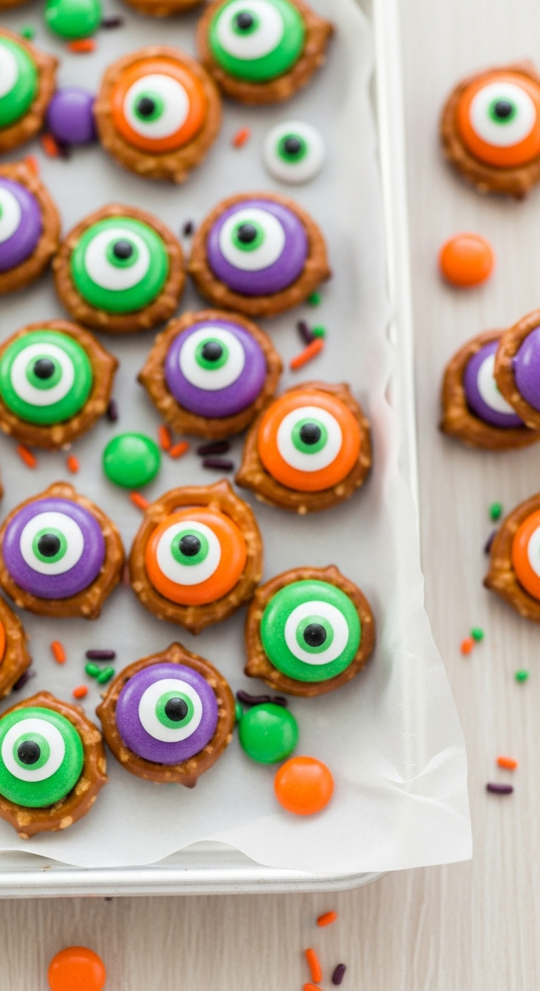 Halloween Monster Eye Pretzel Bites: Colorful Mini Pretzels, Vibrant Candy Melts, And Edible Googly Eyes. Perfect Spooky Party Snacks.