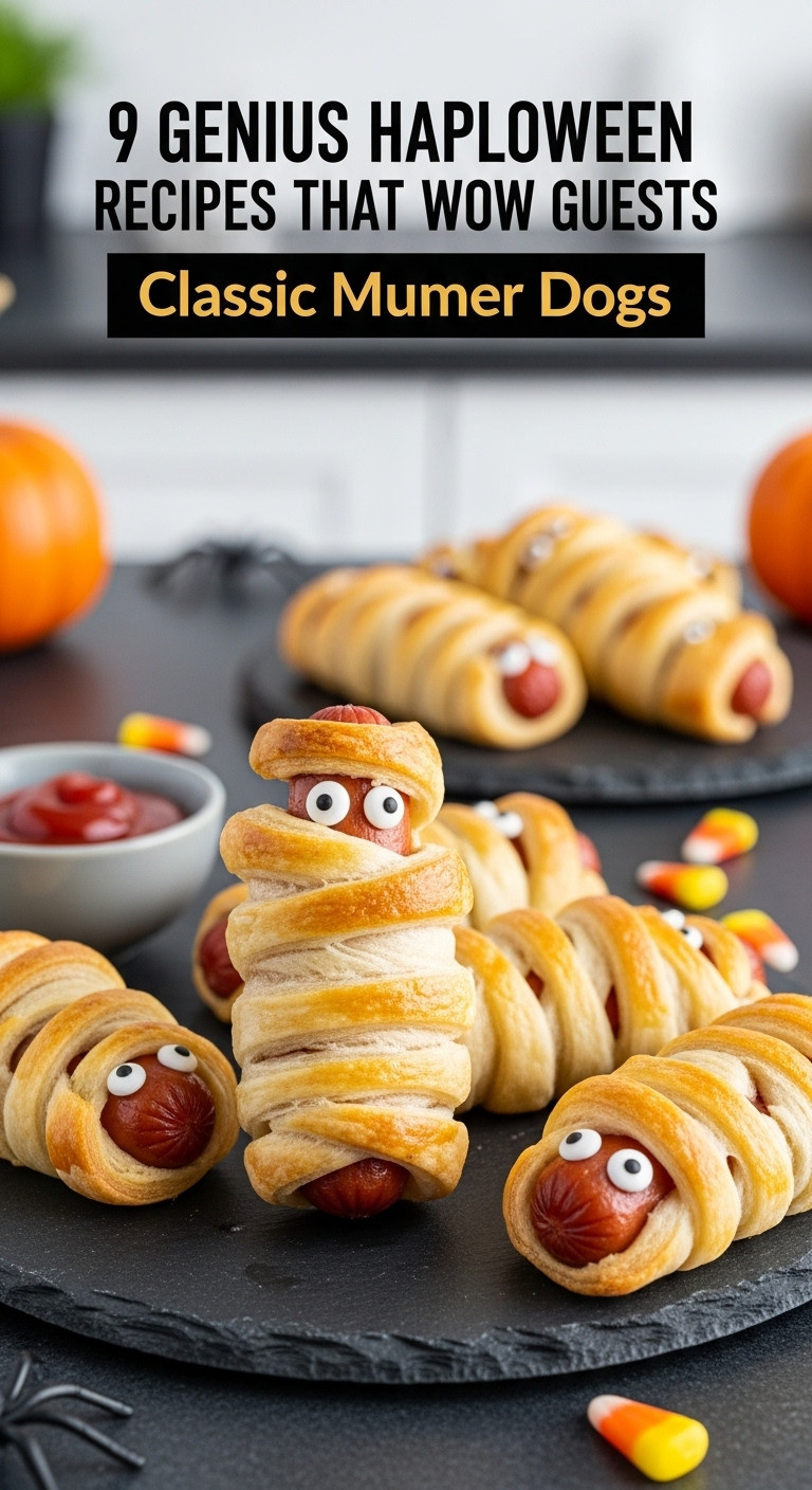 Halloween Mummy Dogs Appetizer With Ketchup And Candy Corn On Slate Tray