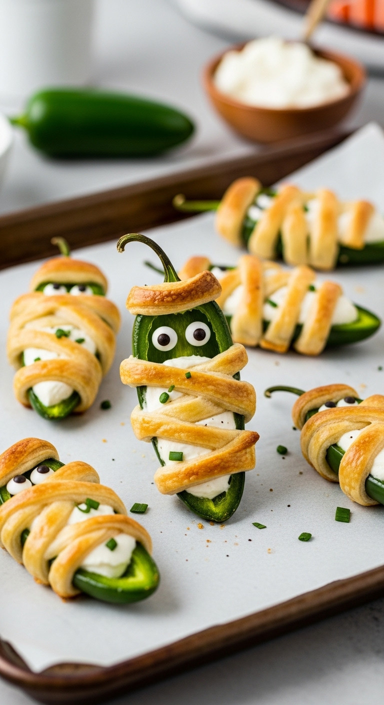 Halloween Mummy Jalapeño Poppers On Baking Sheet