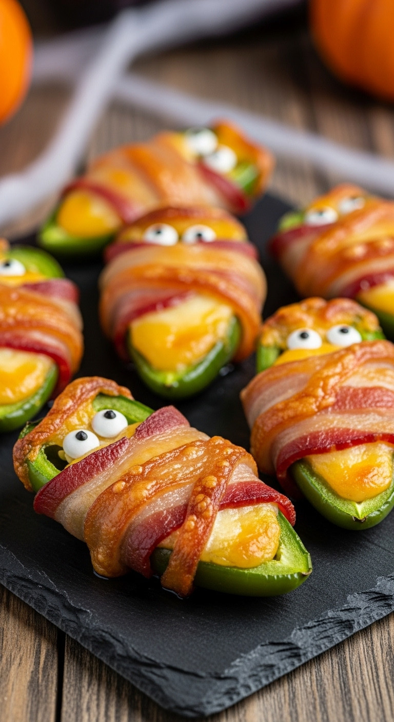 Halloween Bacon Wrapped Jalapeño Popper Mummies On A Dark Slate Tray With Melted Cheese And Candy Eyes Festive Party Food