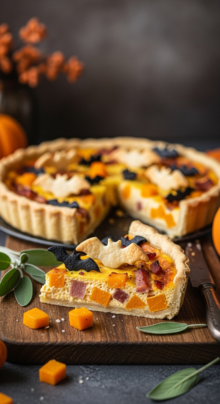 Halloween Butternut Squash And Bacon Quiche Slice With Pastry Bats, Golden Crust, On Rustic Wood Board With Sage, Warm Autumn Decor.