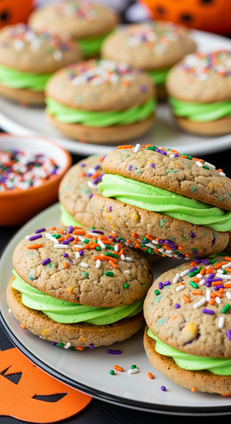 Halloween Cake Cookies Or Whoopie Pies With Colorful Sprinkles And Vibrant Neon Green Frosting On A Festive Plate