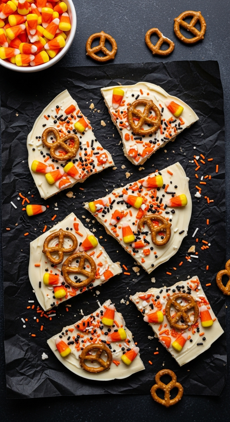 Halloween Candy Corn Bark With Pretzels And Sprinkles On Black Parchment Paper With A Bowl Of Candy Corn