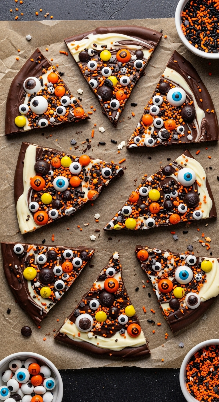 Halloween Chocolate Bark With Marbled Dark And White Chocolate Decorated With Candy Eyeballs And Orange And Black Sprinkles