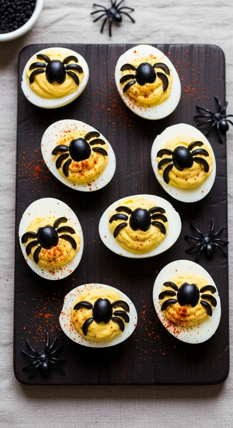 Halloween Deviled Eggs With Spiderweb Pattern And Black Olive Spiders On A Rustic Dark Wood Board For A Crowd