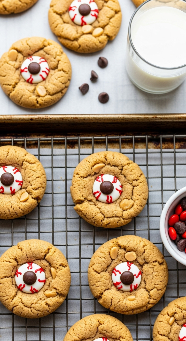 Halloween Eyeball Cookies With Peanut Butter Cookie Base Red White Candy Melt Iris And Chocolate Chip Pupil On Cooling Rack