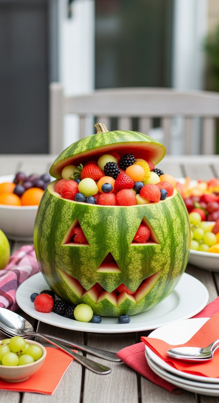 Halloween Fruit Salad In A Watermelon Jack-O'-Lantern On A Rustic Wooden Table For A Vibrant And Healthy Party Centerpiece