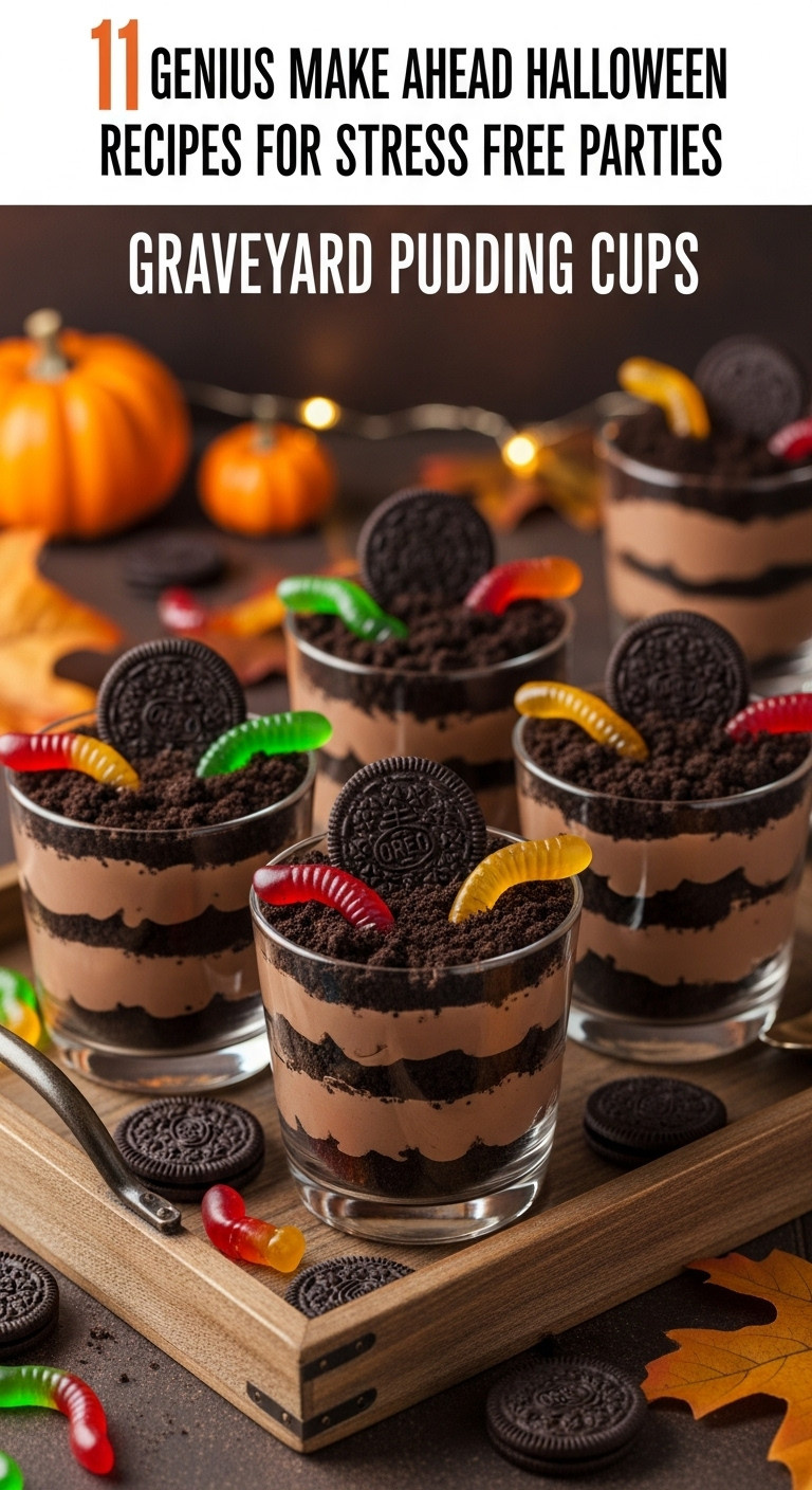 Halloween Graveyard Pudding Cups With Chocolate Pudding, Oreo 'Dirt,' Gravestone Cookies &Amp; Gummy Worms. Spooky Dessert, Autumn Decor.