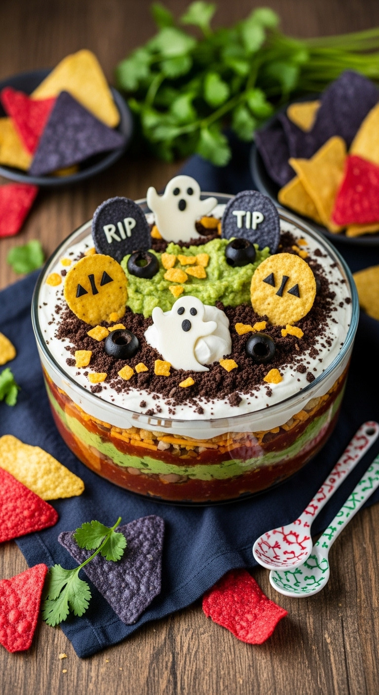 Halloween Graveyard Seven-Layer Dip In A Glass Dish, With Chip Tombstones, Sour Cream Ghosts, And Fresh Cilantro.