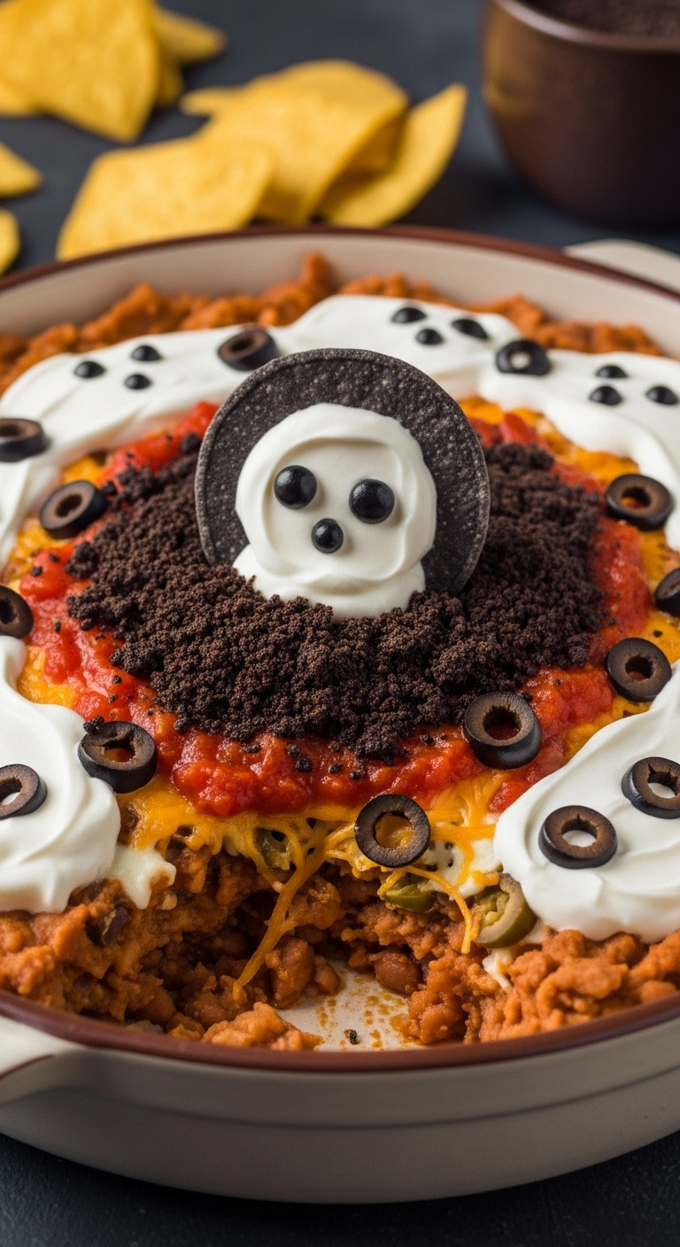 Halloween Graveyard Taco Dip: Layered Beans, Cheese, Salsa, Olives, Sour Cream 'Dirt', And Gravestone-Shaped Chips.