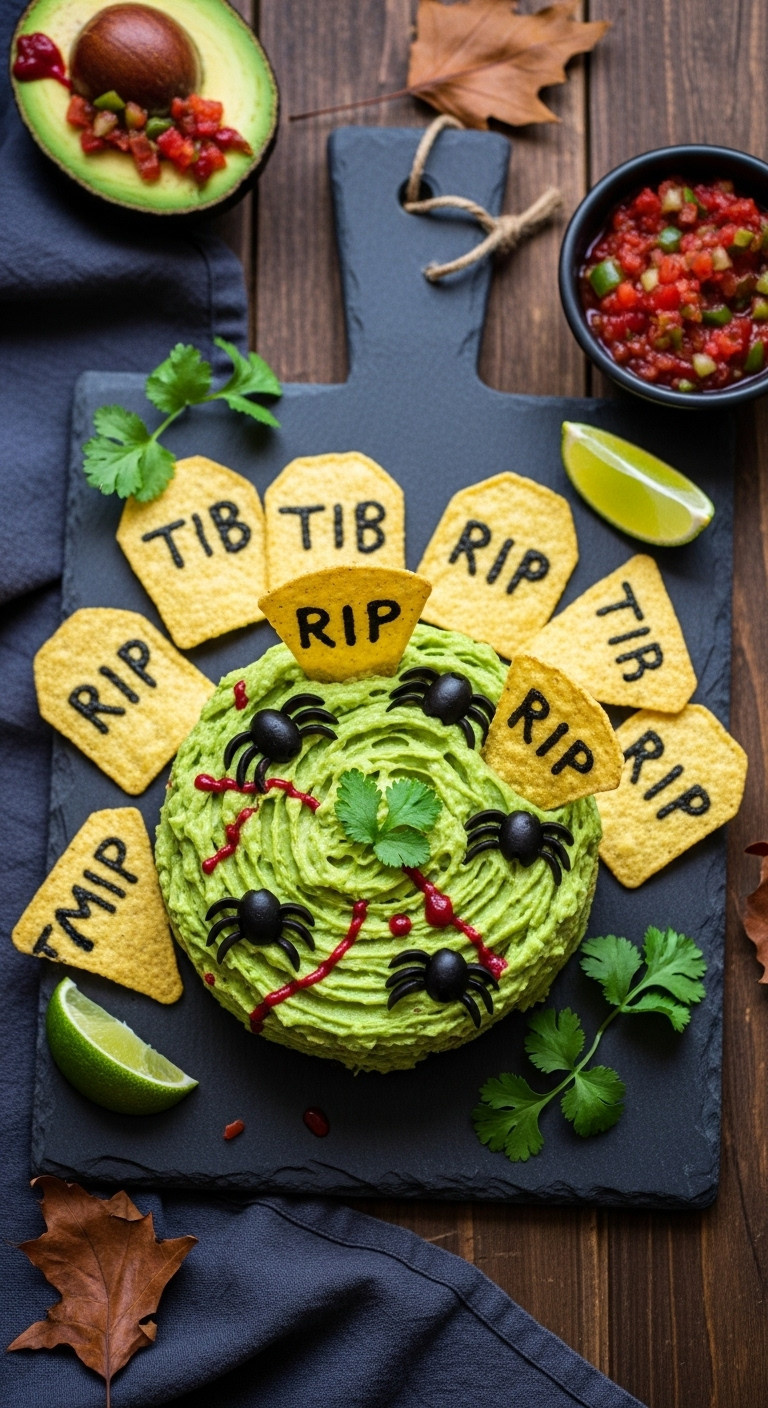 Halloween Guacamole: Vibrant Green Dip With Olive Spiders, Red Pepper Veins, 'Rip' Tombstone Chips. Mexican Party Appetizer.