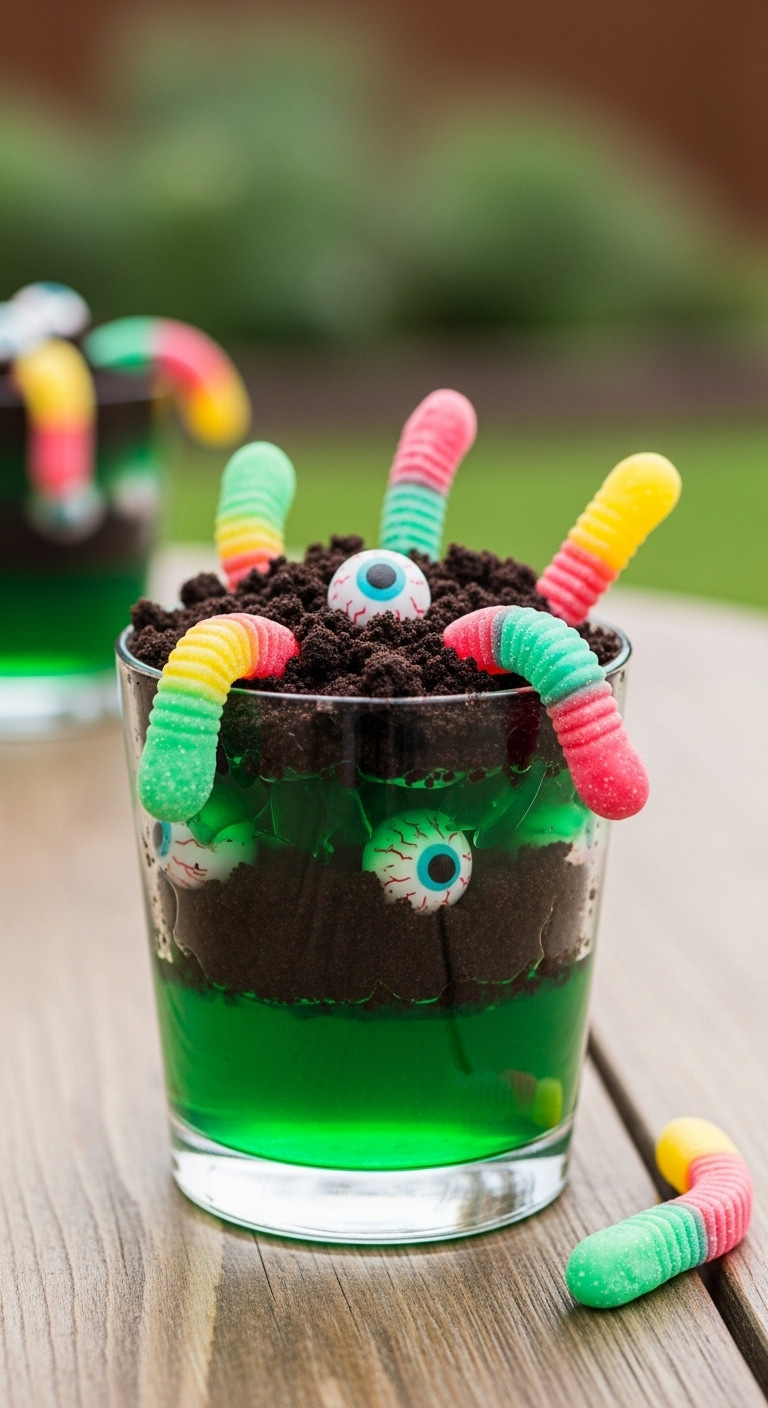Halloween Jello Worm Cups With Green Jelly Oreo Dirt Gummy Worms And Candy Eyeballs Perfect For Spooky Recipes