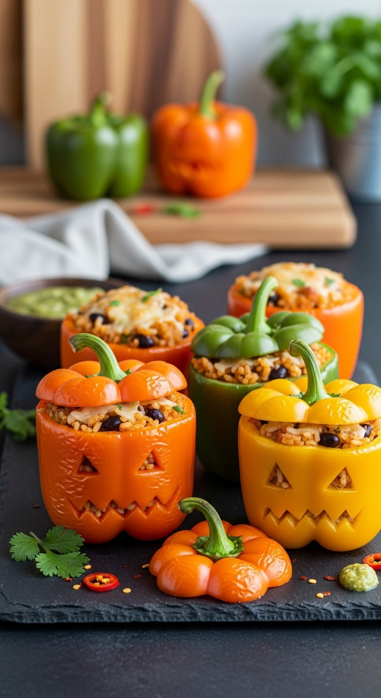 Halloween Monster Bell Peppers: Carved Faces, Cheesy Mexican Rice &Amp; Black Bean Filling. Vibrant, Playful Party Food On Slate.