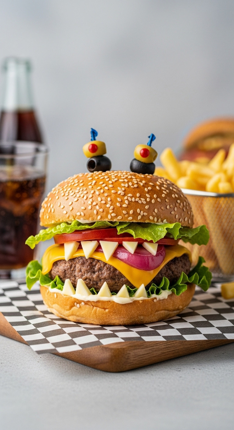 Halloween Monster Burger With Lettuce Tongue Cheese Teeth And Olive Eyes On A Checkered Paper Liner With Fries
