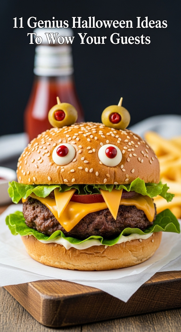 Halloween Monster Burger With Olive Eyes Cheese Fang And Lettuce Tongue On A Cutting Board