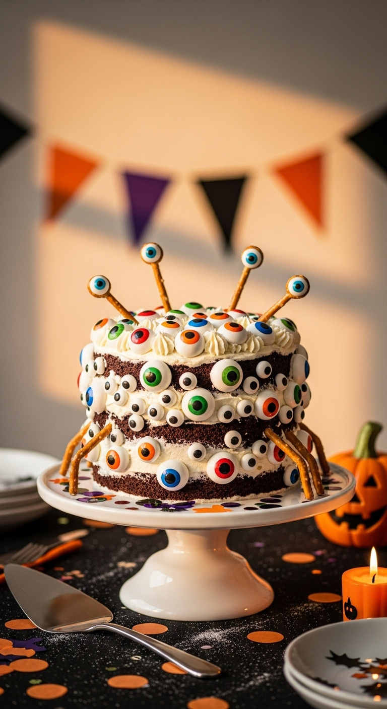 Halloween Monster Eye Cake Covered In Candy Eyeballs And Pretzel Stick Antennae On An Elevated Cake Stand