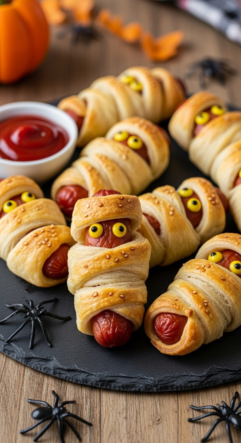 Halloween Mummy Dogs Appetizers On A Dark Platter With Mustard Eyes And Ketchup For Dipping On A Rustic Table With Decorative Spiders