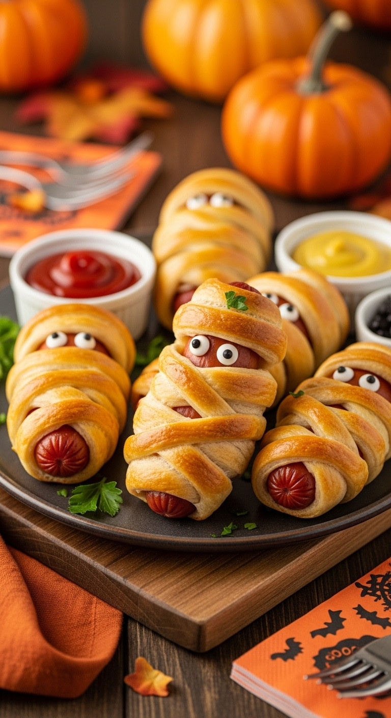 Halloween Mummy Hot Dogs, Golden Crescent Roll Bandages, Googly Eyes, Served On Rustic Board With Ketchup And Mustard.