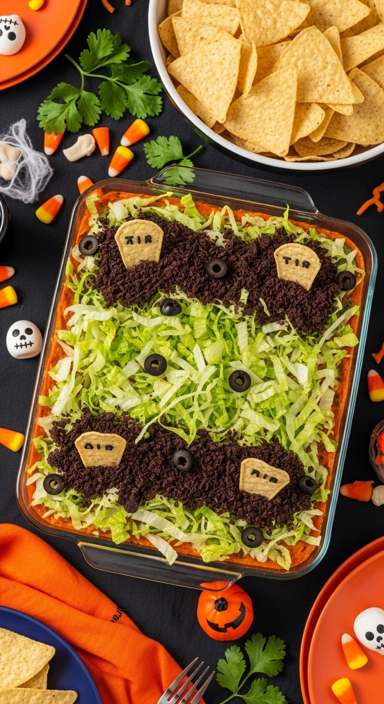 Halloween Party Graveyard Taco Dip With Lettuce Grass Olive Dirt And Tombstone Chips On A Festive Tablecloth