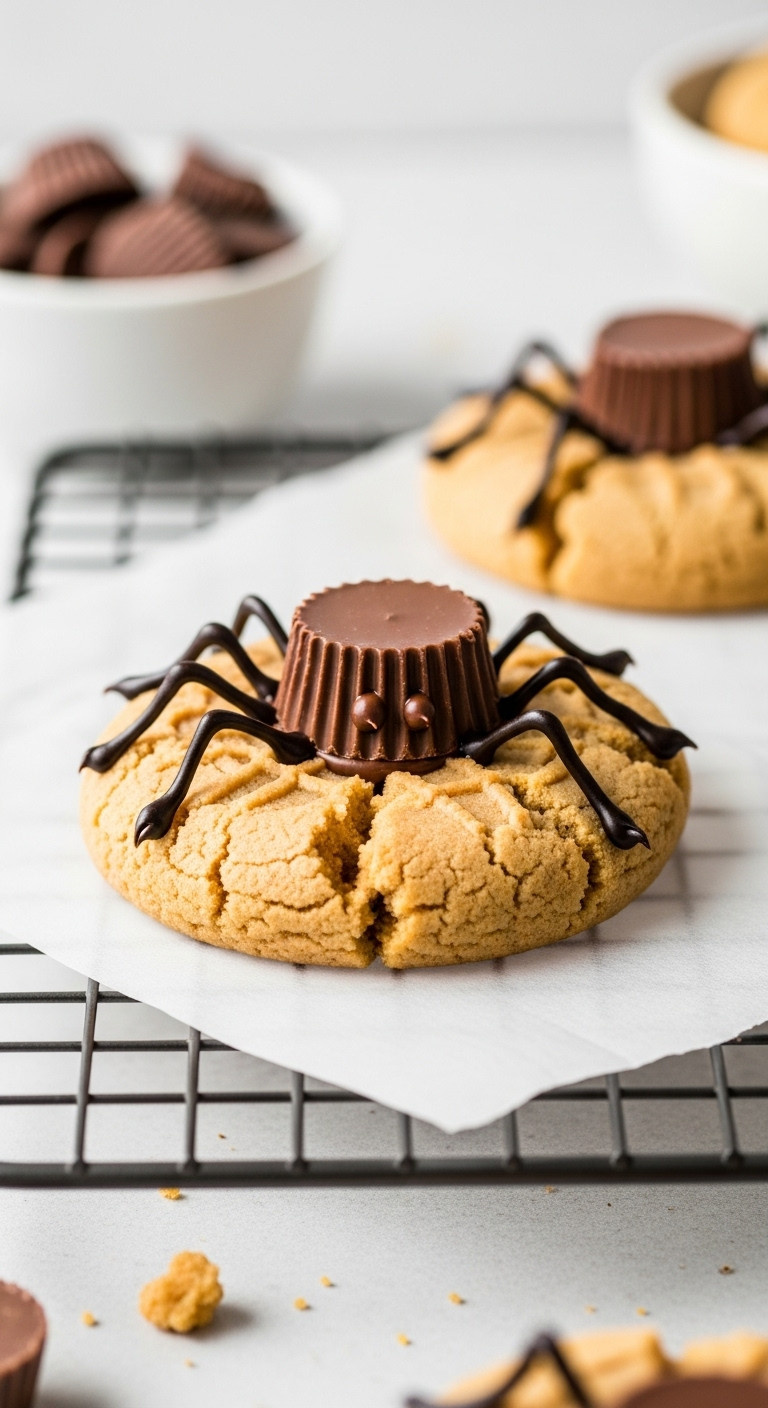 Halloween Peanut Spider Cookies With Melted Chocolate Peanut Butter Cup Bodies And Black Icing Legs On A Cooling Rack