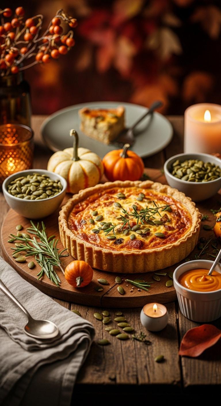 Halloween Quiche With Festive Autumn Garnishes: Pumpkin Seeds, Herbs, Mini Gourds, Orange Sauce, On Rustic Wood Board With Candlelight.