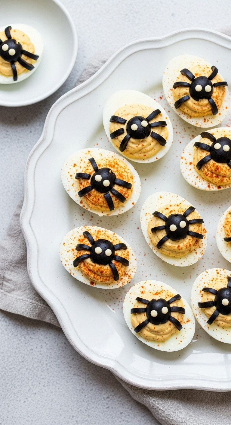 Halloween Spider Deviled Eggs With Black Olive Spiders On A White Vintage Deviled Egg Platter