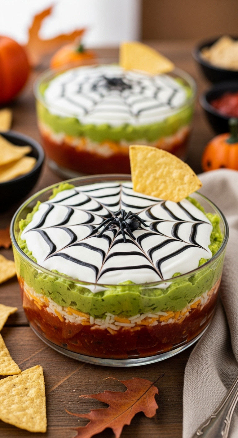 Halloween Spider Web Dip: Layered Guacamole, Salsa, Sour Cream, Cheese In A Clear Bowl With A Plastic Spider &Amp; Tortilla Chips.