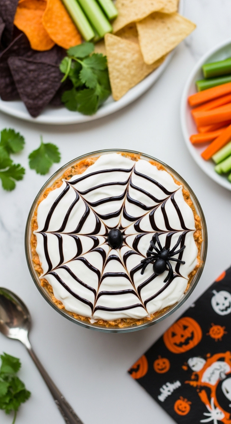 Halloween Spiderweb Dip, Layered In Glass With Olive Spider On Sour Cream, Served On Marble With Colorful Tortilla Chips And Veggies.