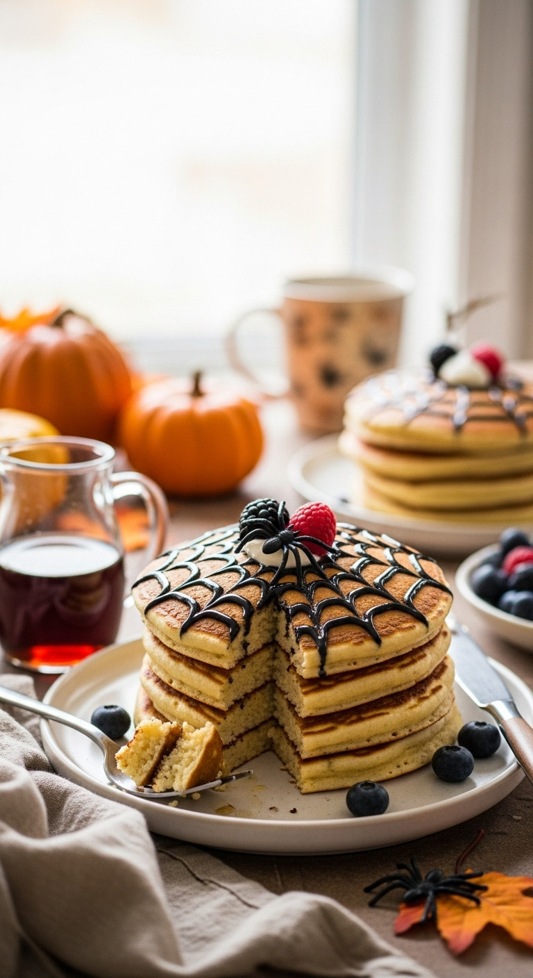 Halloween Spiderweb Pancakes: Golden Stack With Dark Icing Web, Plastic Spider, Fresh Berries, And Maple Syrup.