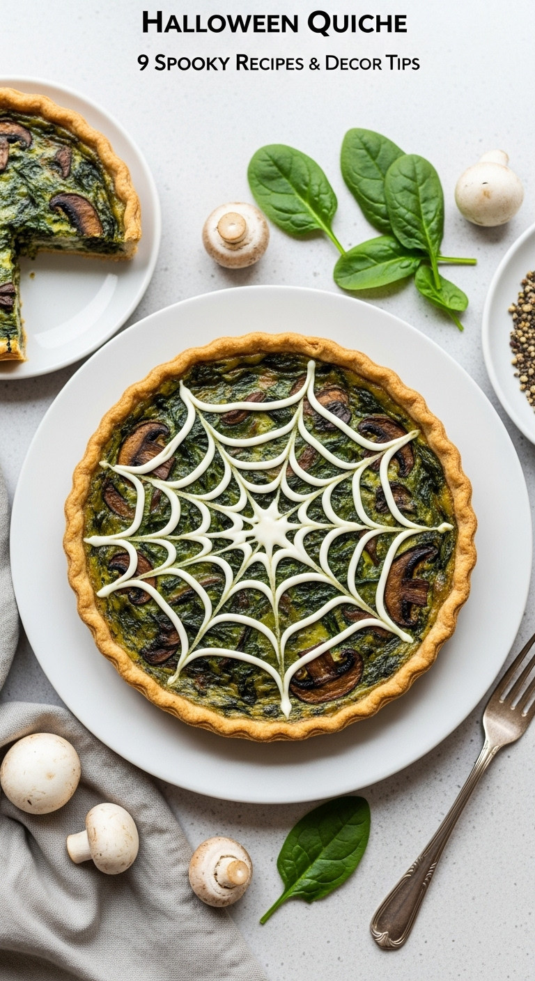 Halloween Spinach Mushroom Quiche With White Spiderweb Design, Golden Crust, Green Filling, On White Plate With Fresh Spinach And Fork.