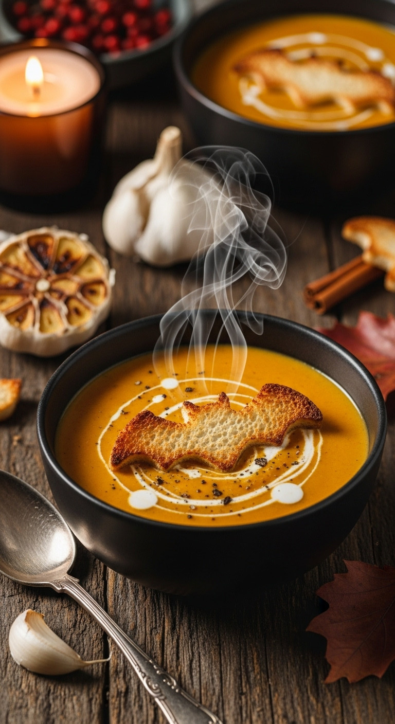 Halloween Vampire Garlic Soup Bat Croutons Cozy Autumn Food Macro Lifestyle Photography